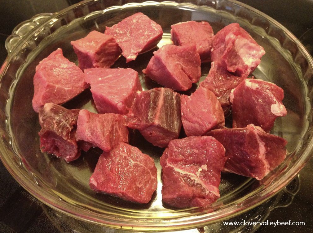 Defrosted beef kabob meat. It is packaged in big chunks, which means no cutting!