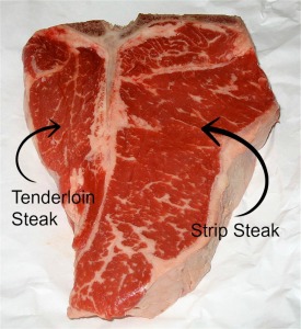A T-bone steak has a tenderloin steak on one side and Strip steak on the other side | Clover Meadows Beef Grass Fed Beef